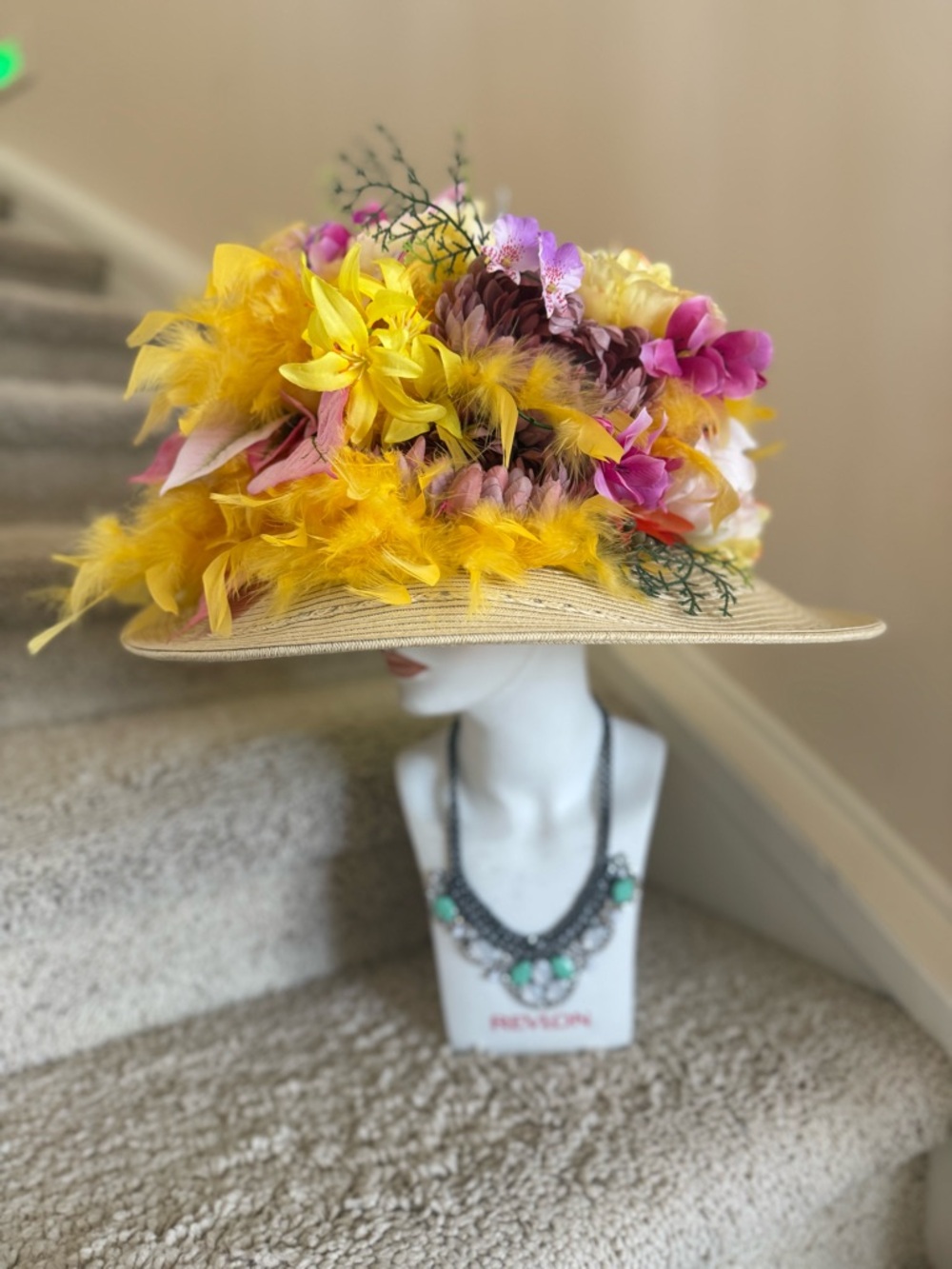 Yellow and Pink Floral Feather Sun Hat